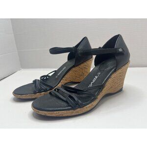 Teva Black‎ Leather Riviera Wedge Strappy Open Toe Pump Sandal Size 6